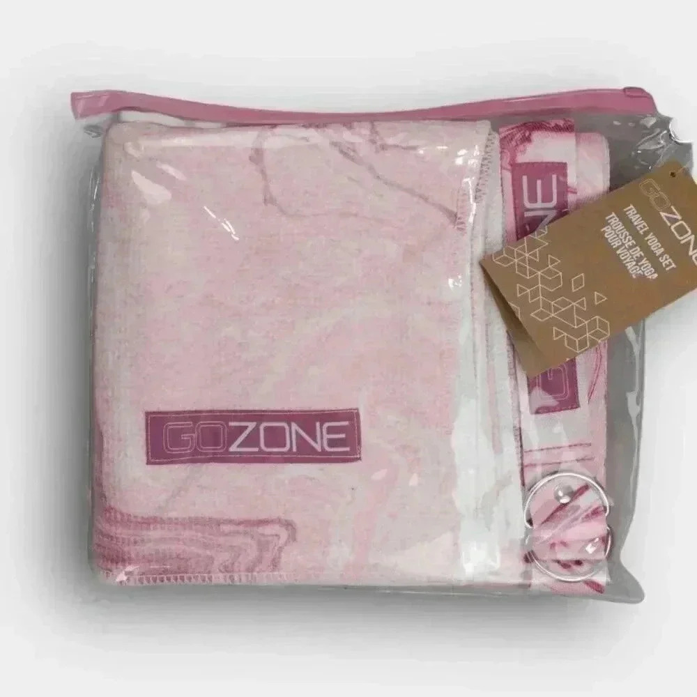GOZONE Travel Yoga Set Pink Marble Mat Towel Strap PVC Bag Soft Microfiber 3pc